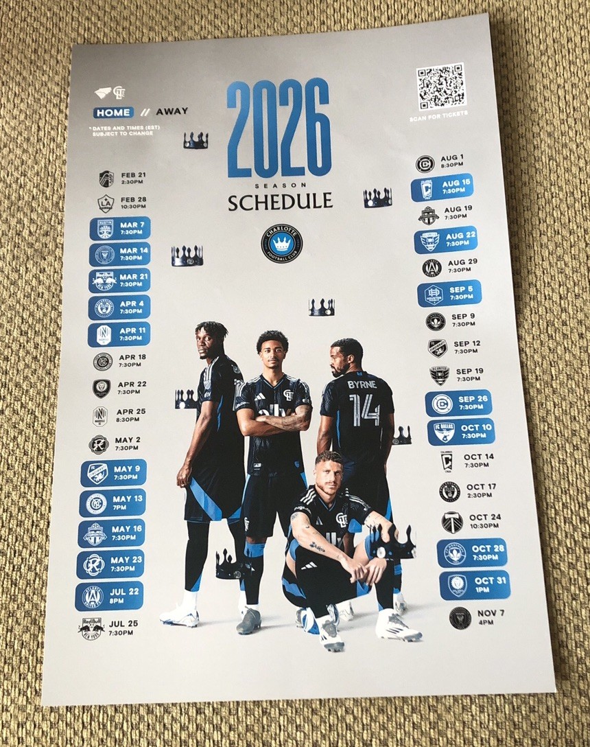 MLS Charlotte FC Soccer Team 2026 Season Schedule Poster 18x12