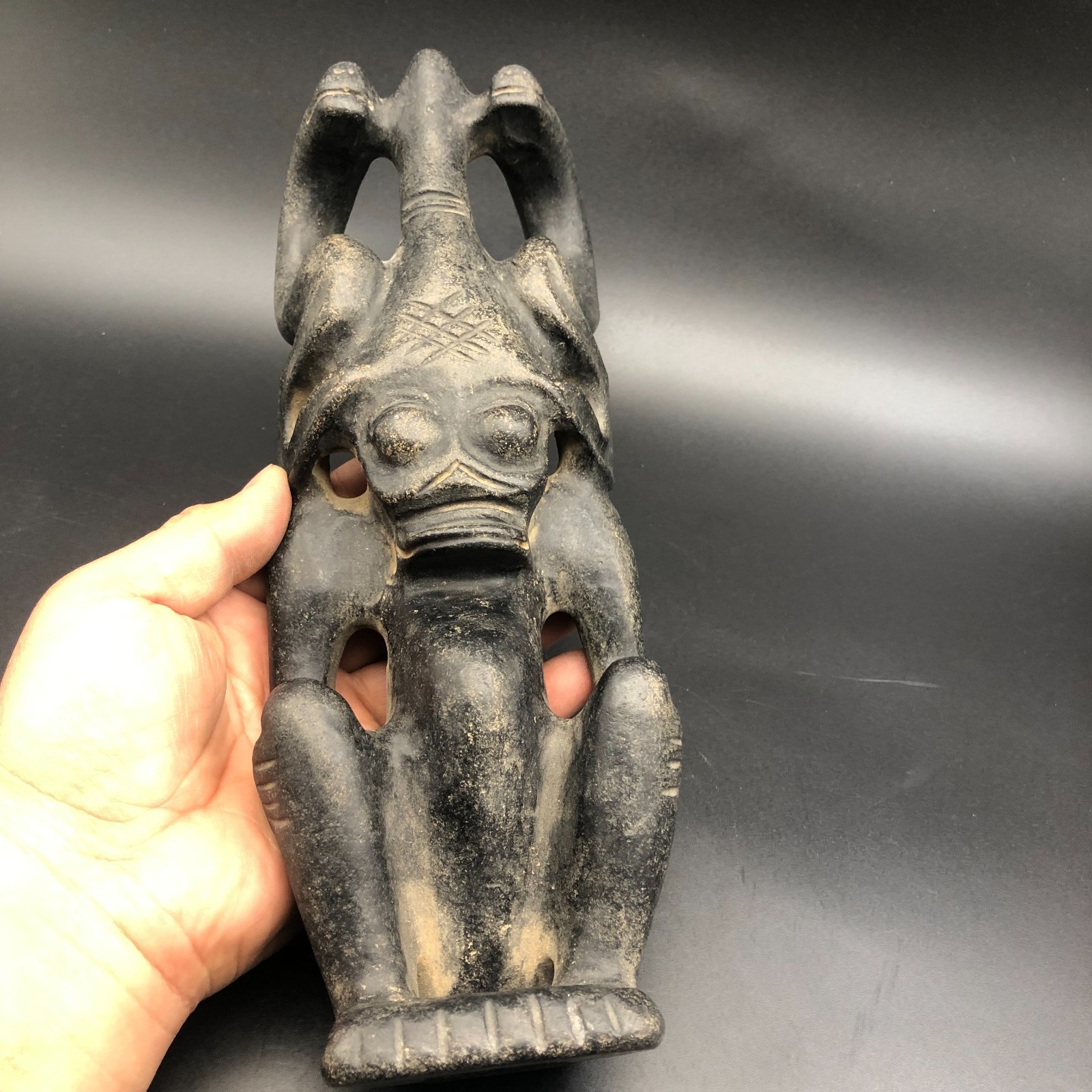 Old HongShan Culture Meteorite Jade Hand-Carved Sun God Helios&Pig Dragon Statue