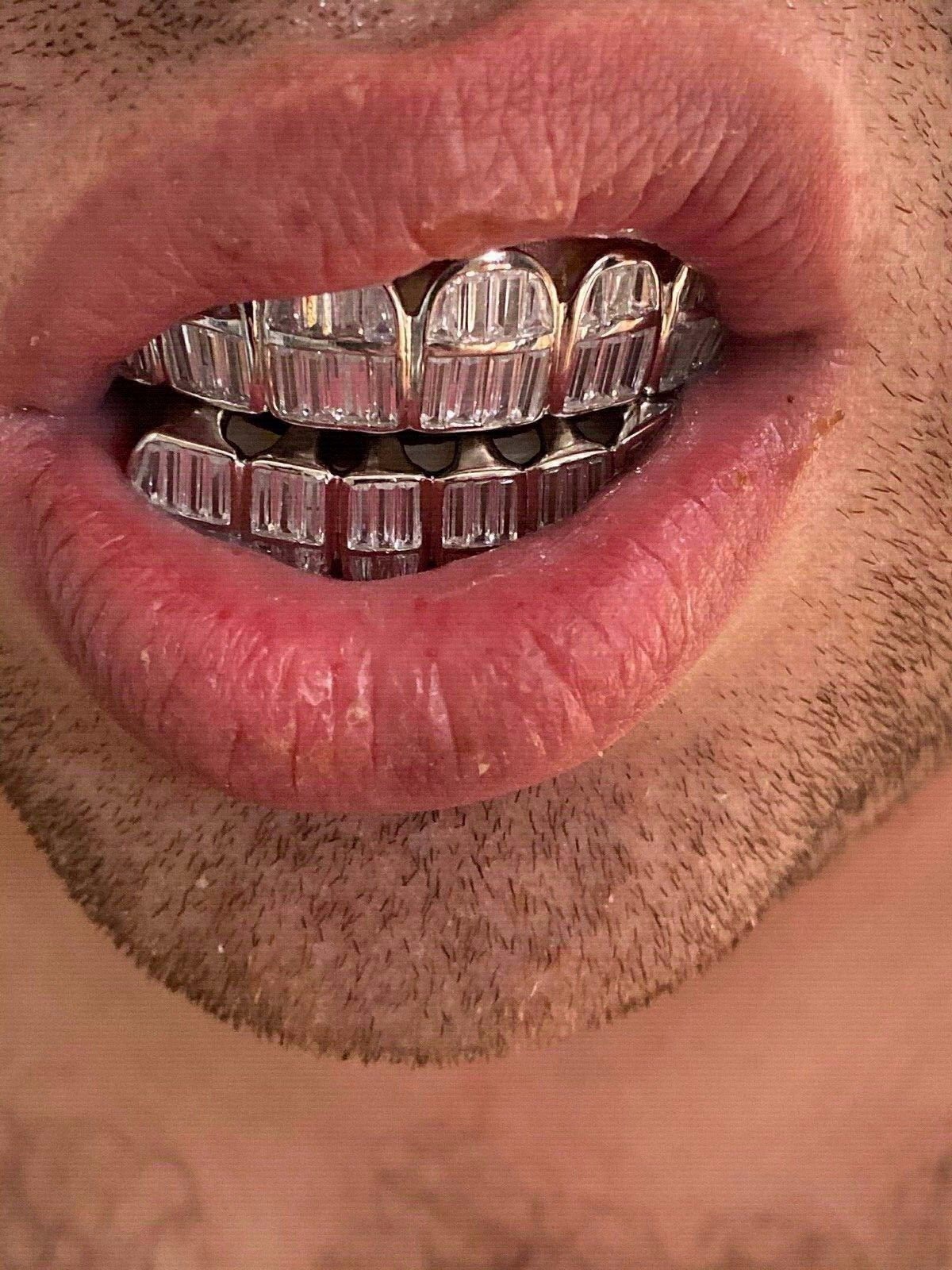 Real 925 Sterling Silver ICED Baguette Rapper GRILLZ Teeth Top & Bottom Set ICY
