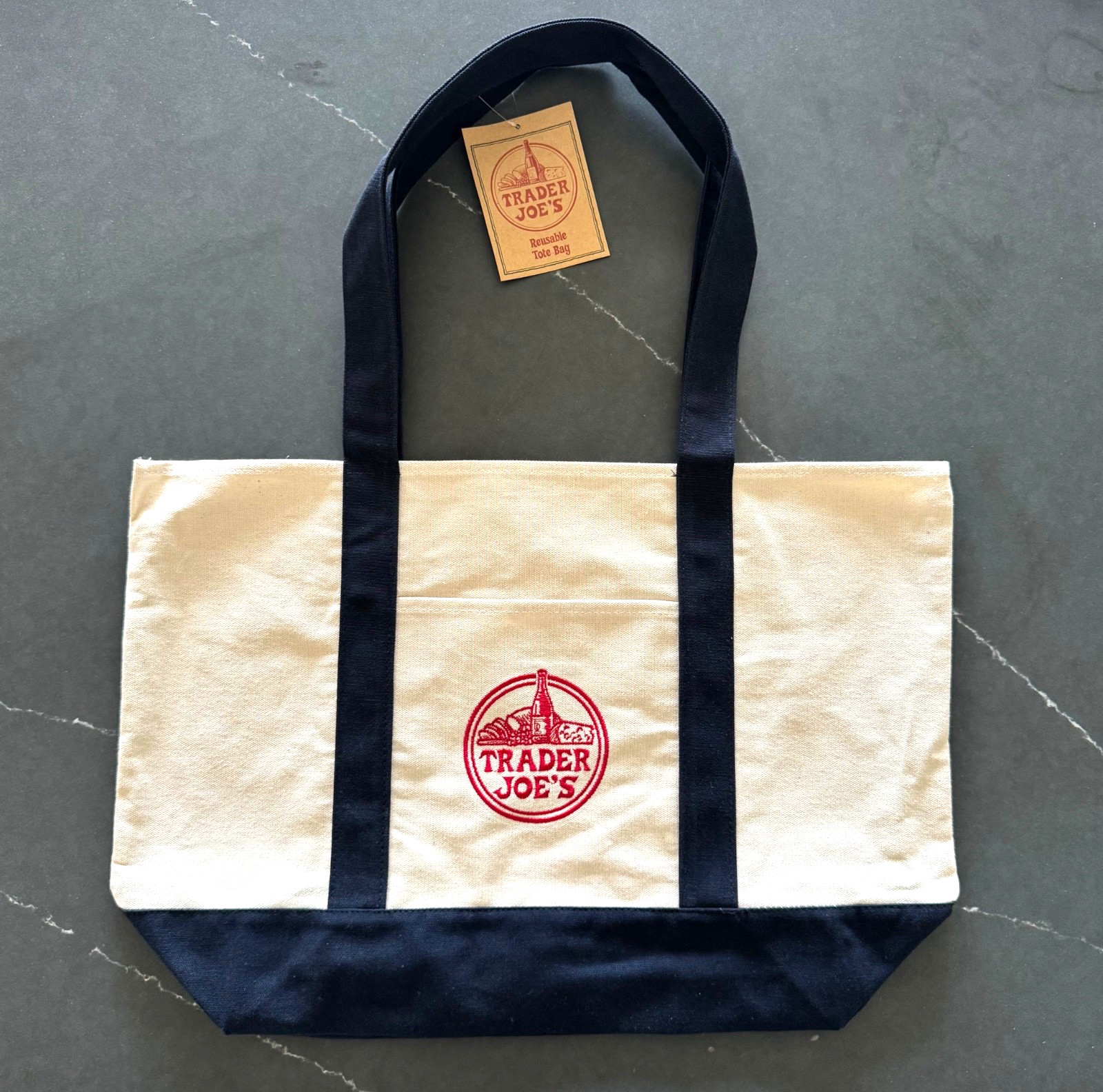 TRADER JOE'S LARGE CANVAS BAG HEAVY COTTON REUSABLE SHOPPING BAG LARGE NAVY BLUE