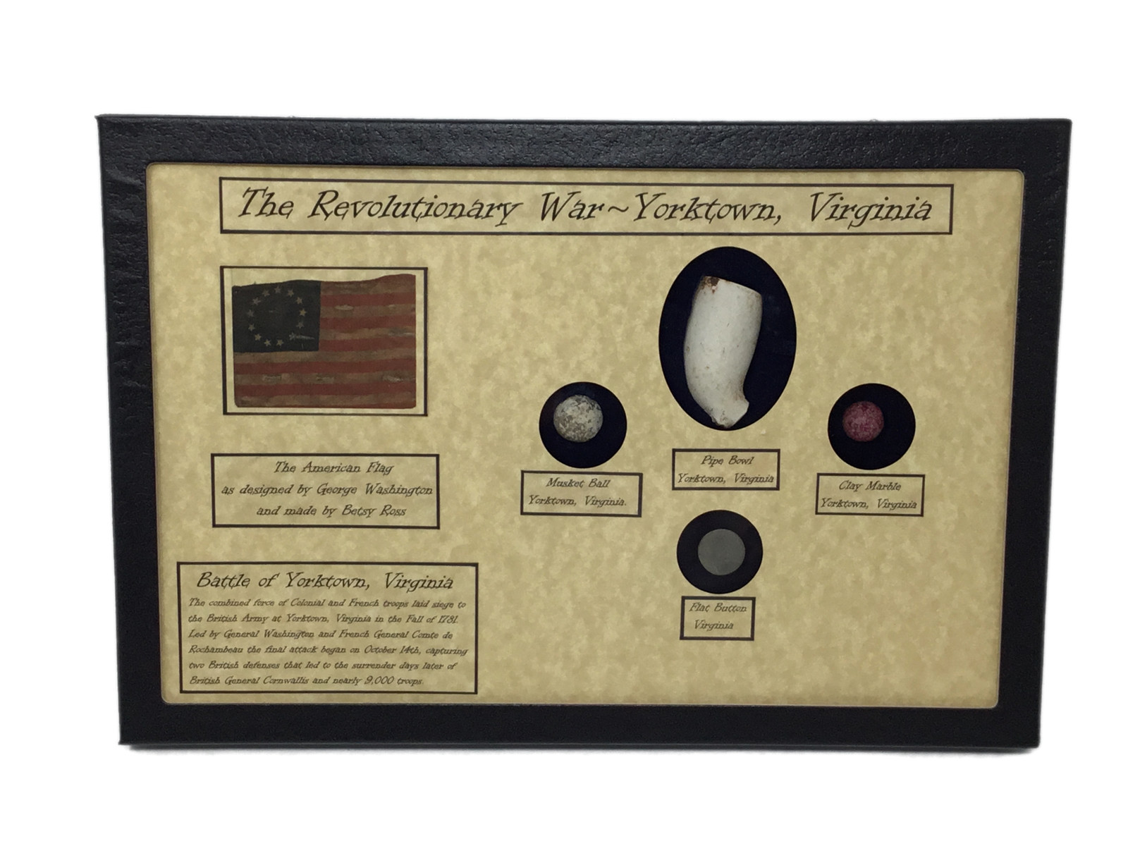 Revolutionary War Bullet, Button, Clay Pipe & Marble in Display Case with COA