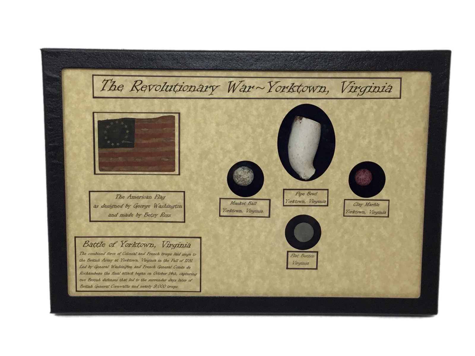 Revolutionary War Bullet, Button, Clay Pipe & Marble in Display Case with COA