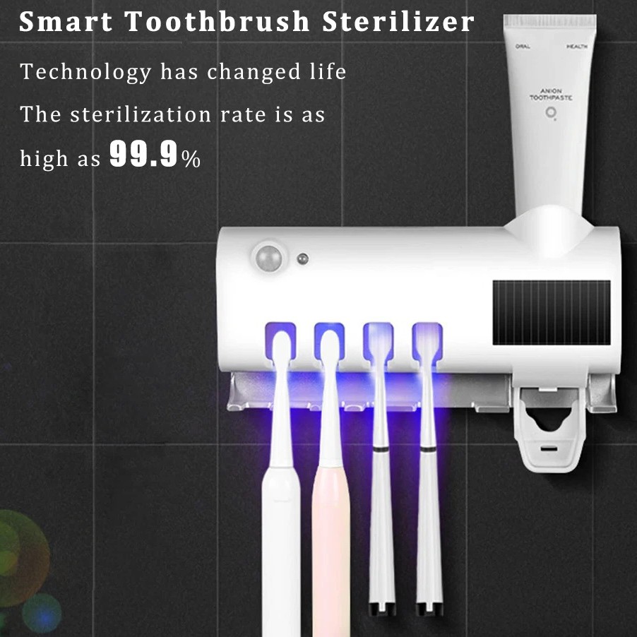 UV Light Toothbrush Sterilizer Holder & Automatic Toothpaste Dispenser Cleaner