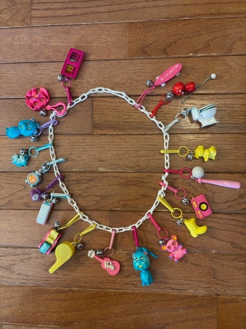 Retro 1980s Plastic Bell Clip On Vintage 80's Charm Necklace W/ 19 Charms Charmz