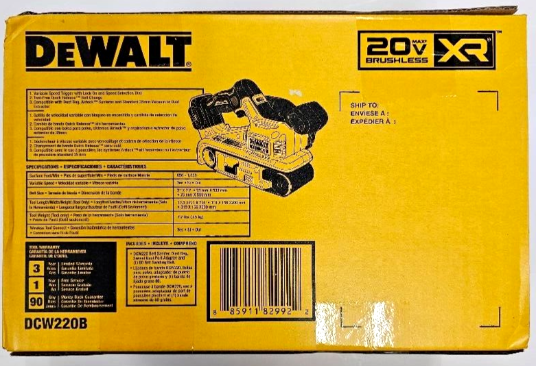 DeWalt DCW220B 20V Cordless 3" x 21" Belt Sander Brushless 20 Volt XR Brushless