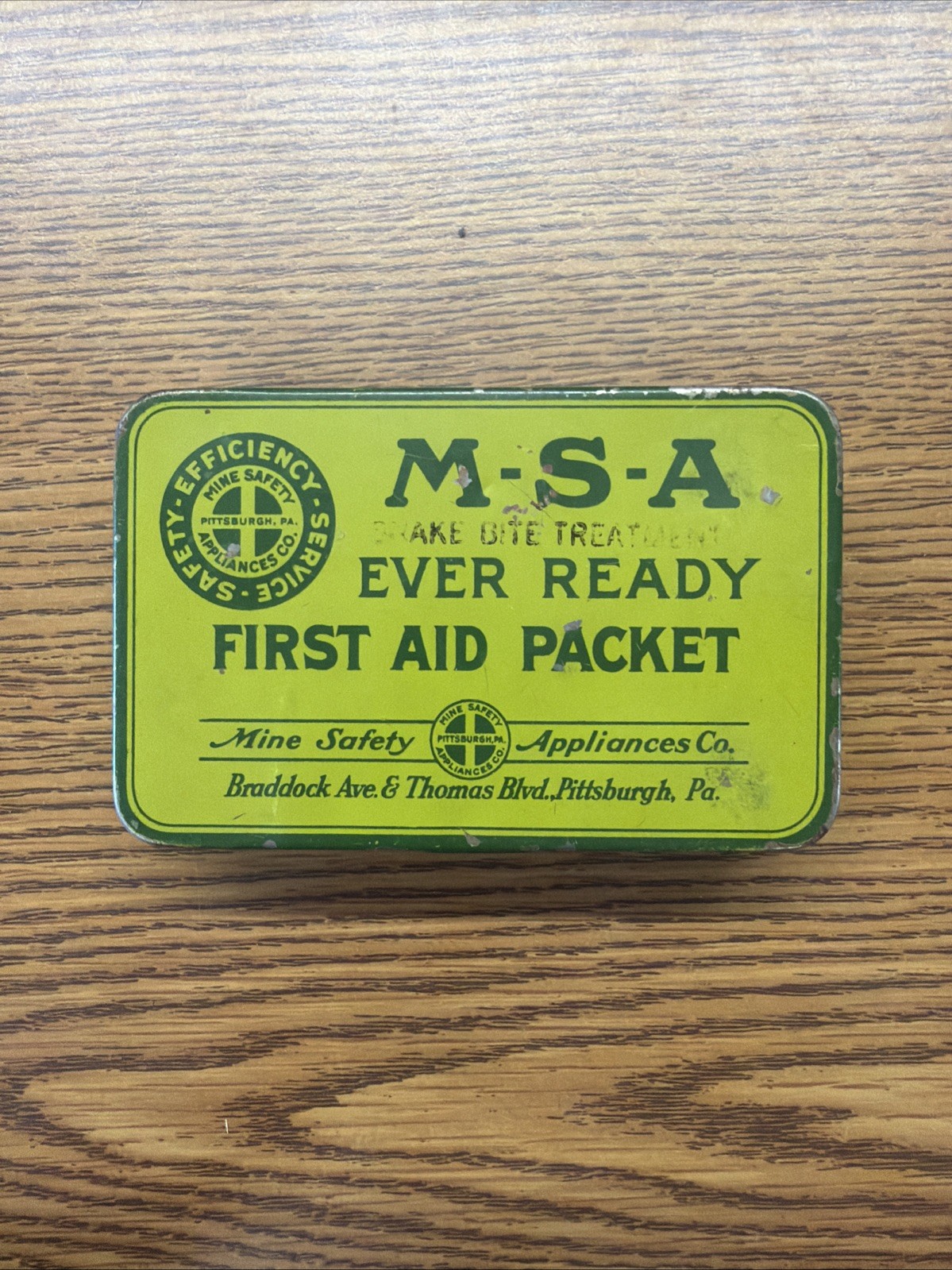 MSA Ever Ready First Aid Packet Mine Safety Snake Bite Kit Tin Vintage