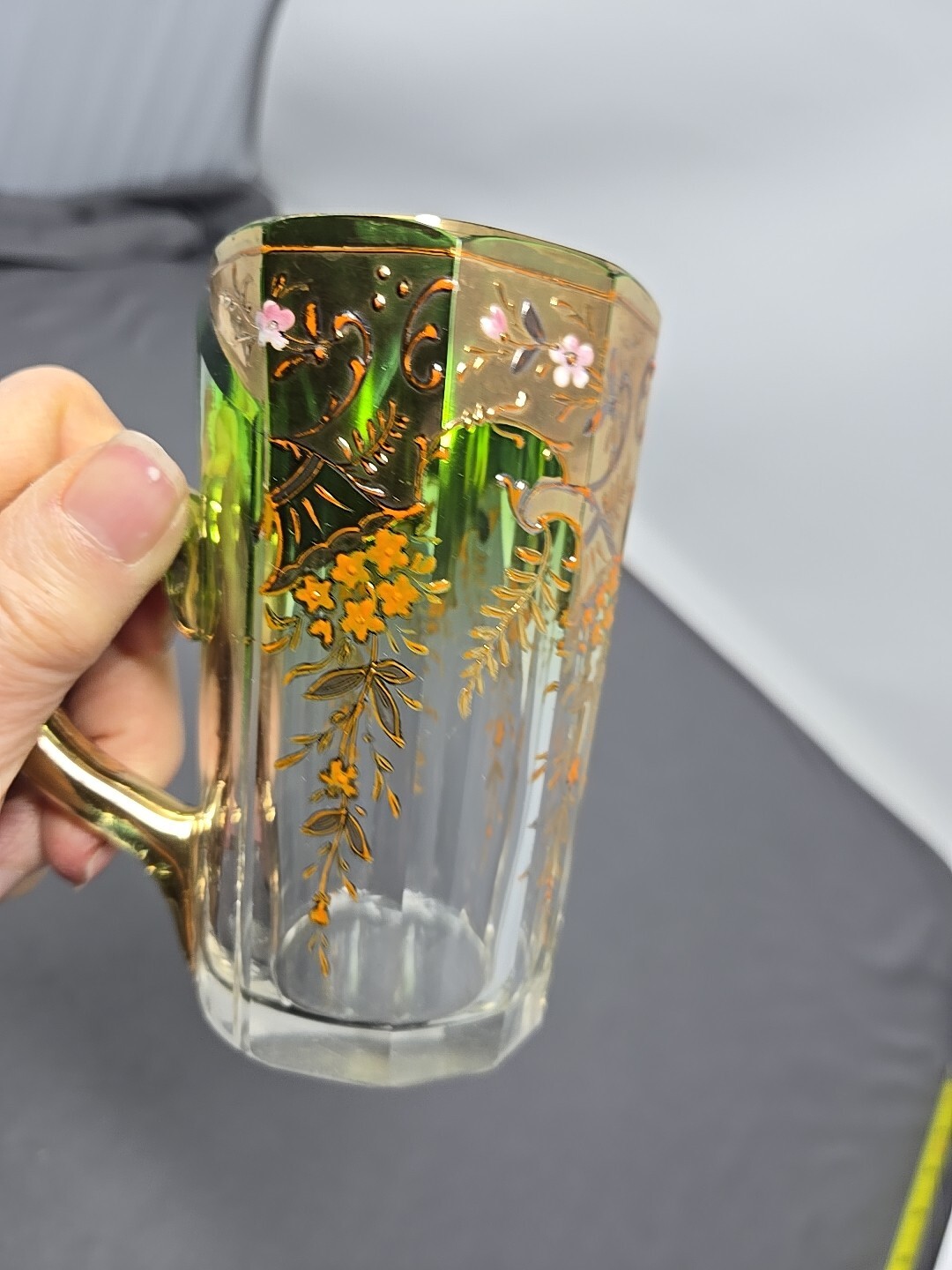 Moser Gilt Clear to Green Glass Handled Cup Enameled 19th Century