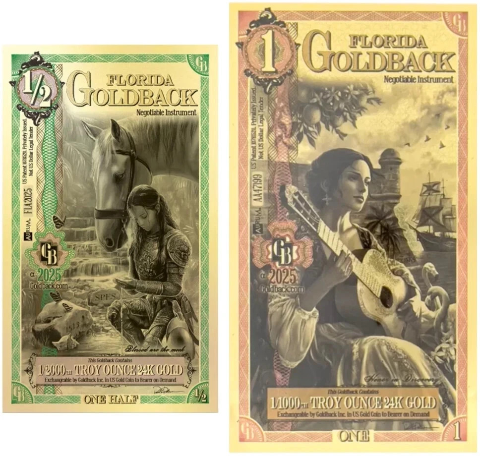 GOLD - [Lot of 2 ALPHA] Florida 1/2 Goldback & Florida 1 Goldback