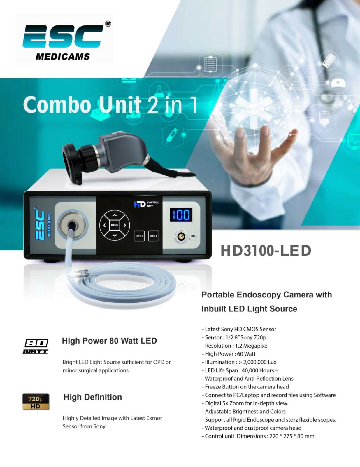 Endoscopy Camera & Cold LED Light Source HD USB ENT Medical Endoscope with fiber