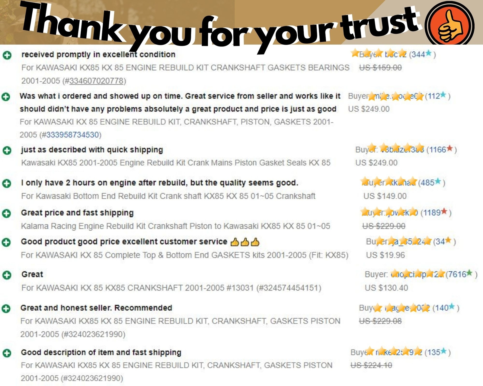 For KAWASAKI KX 85 ENGINE REBUILD KIT, CRANKSHAFT, PISTON, GASKETS 2001-2005