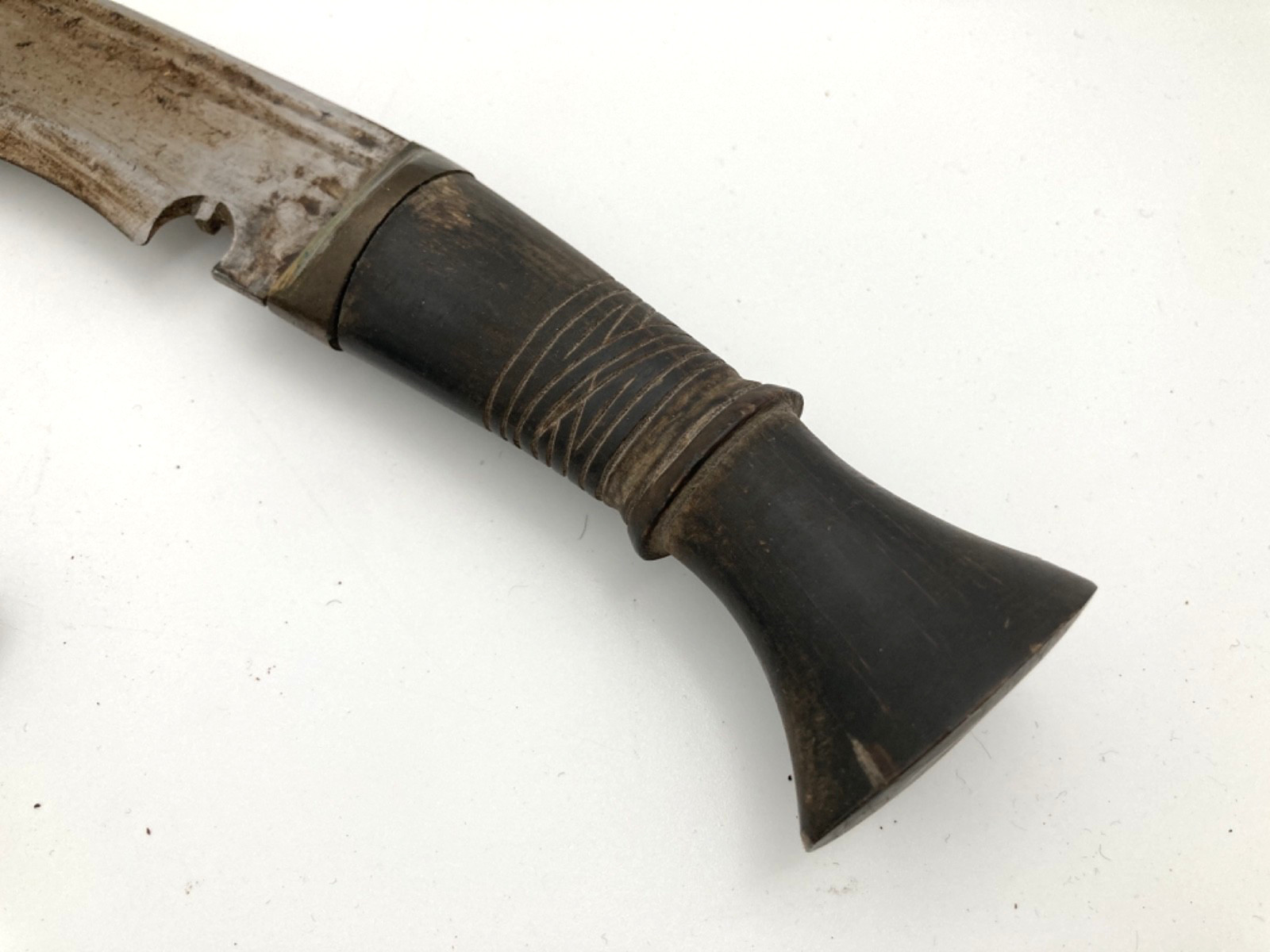 Vintage Kukri Knife Carved Wooden Handle & Leather Sheath Incomplete Set 17.5In