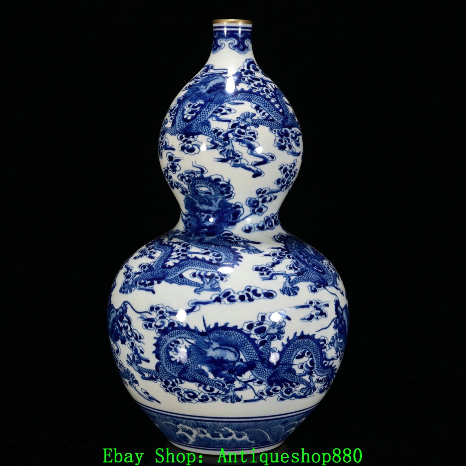 16.5''Yongzheng Blue White Porcelain Gold Dragon Beast Gourd Bottle Vase Pair