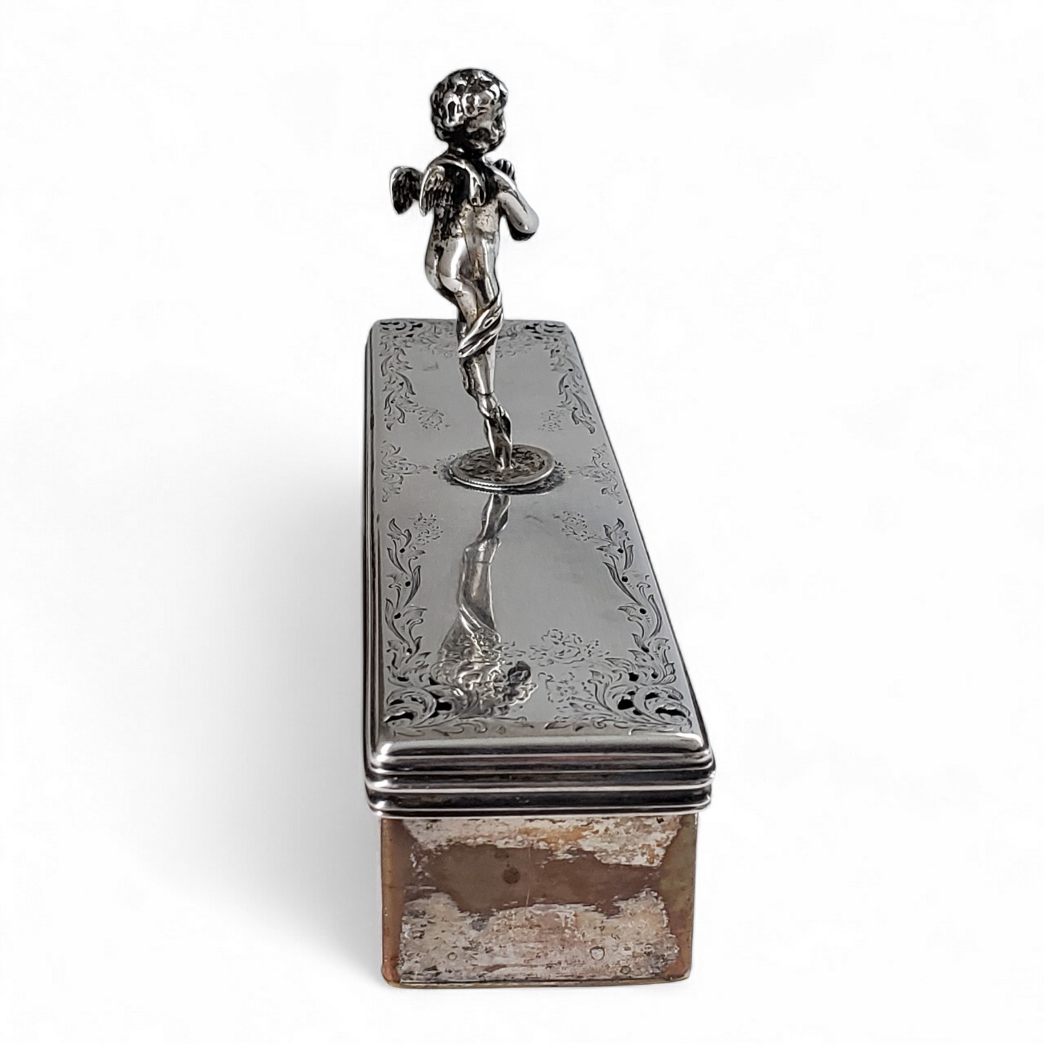 Antique 1840 Thomas Dicks Sterling Lid Cherub Handle Silver Plate Box London