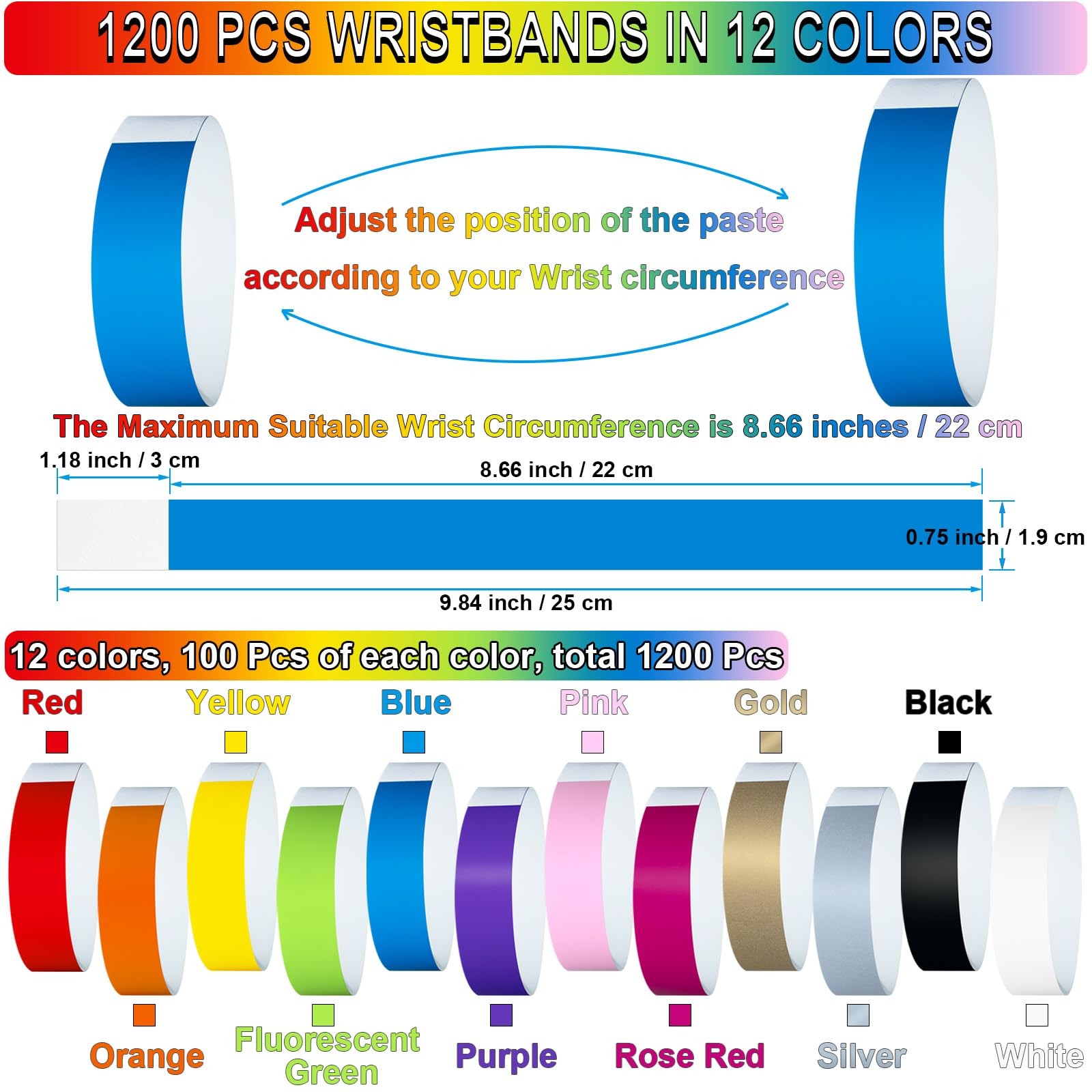 1200 Pcs Plastic Paper Wristbands for Events 9.84 x 0.75 inch, Multicolor