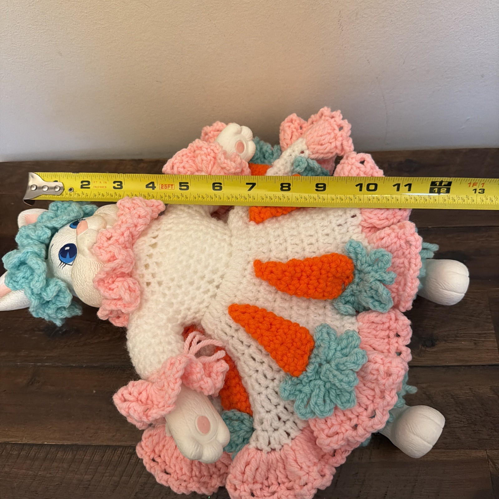 Vintage Easter Bunny Doll Handmade Crochet Carrot Dress Vinyl Rabbit Toy Decor