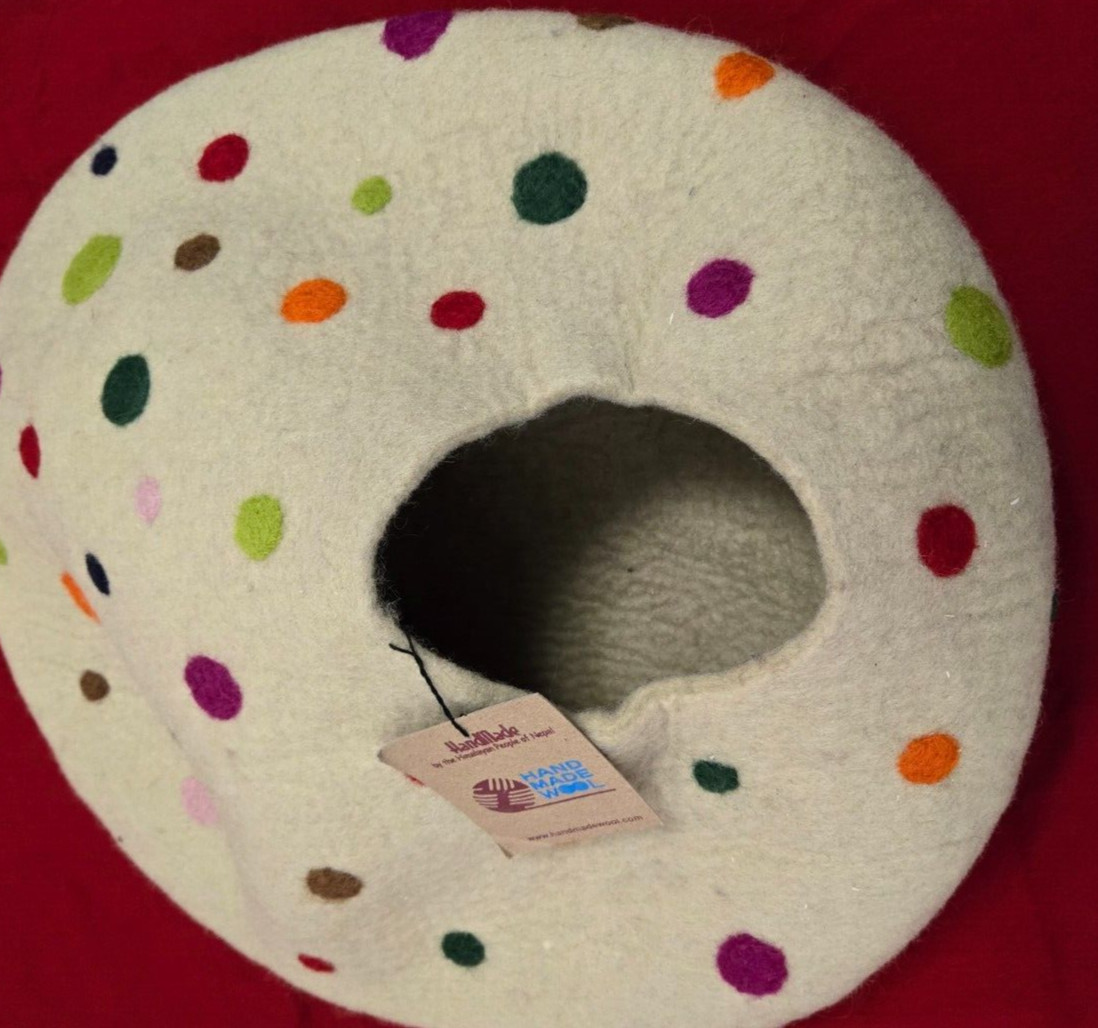 Hand Made in Nepal Felted Wool Cat Cave Light Beige w/ Multicolor Polka Dots