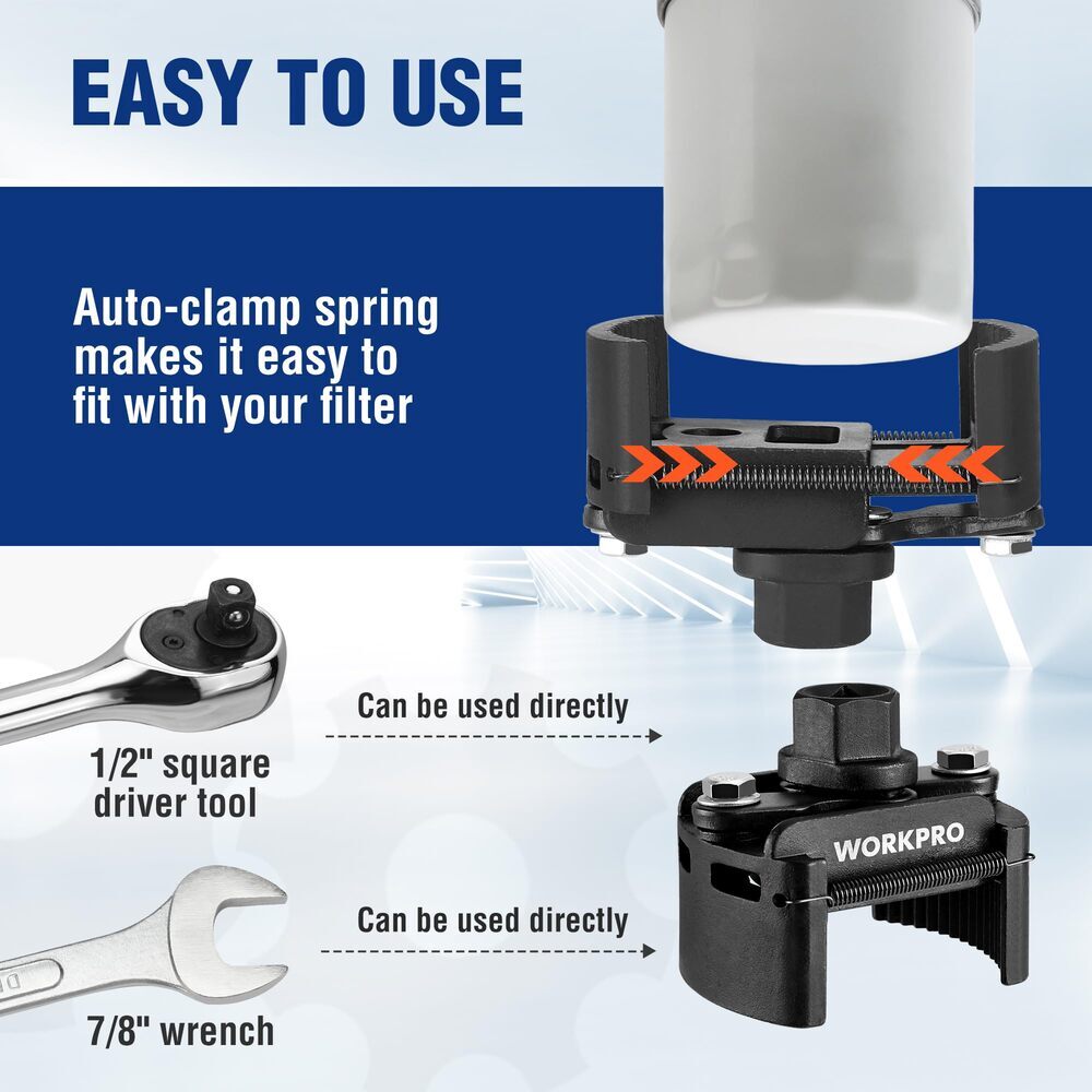 WORKPRO Universal Oil Filter Wrench Removal Tools Adjustable w/Auto-Clamp Spring