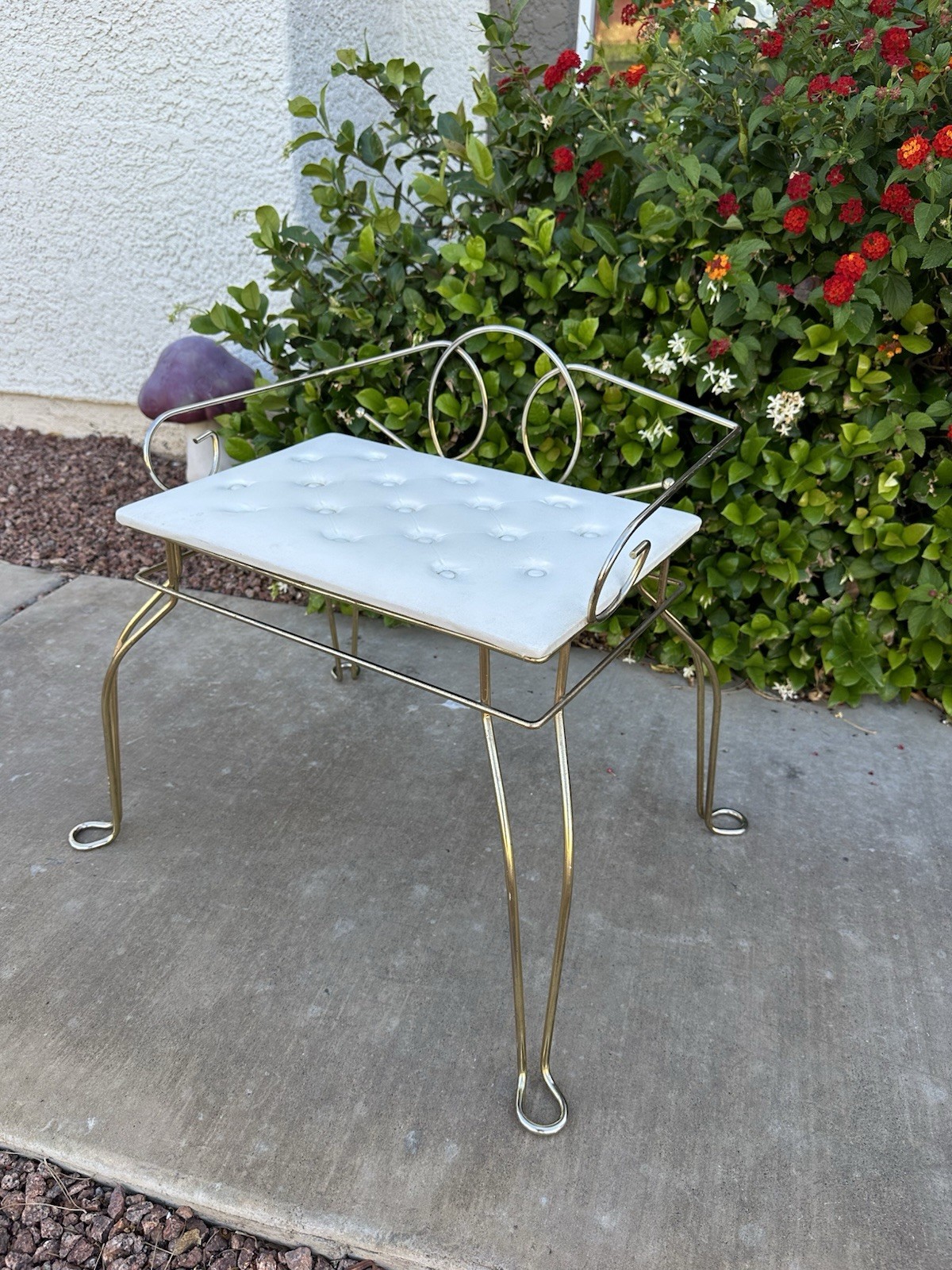 Vanity Bench White Tufted Seat Gold Metal Pearl Wick Vintage Stool