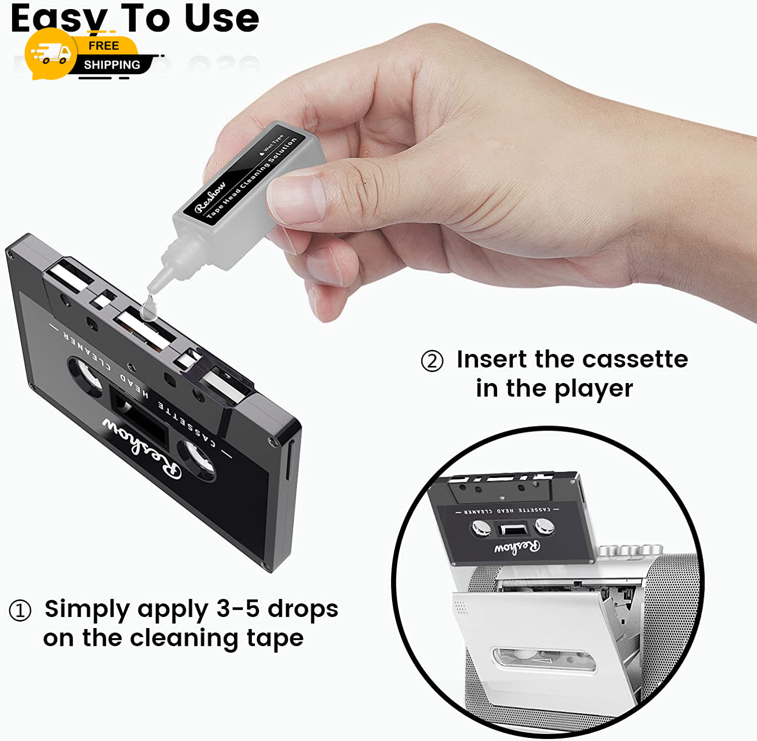 Reshow Audio Tape Cassette Head Cleaner with 2 Cleaning Fluids Care Wet Maintena
