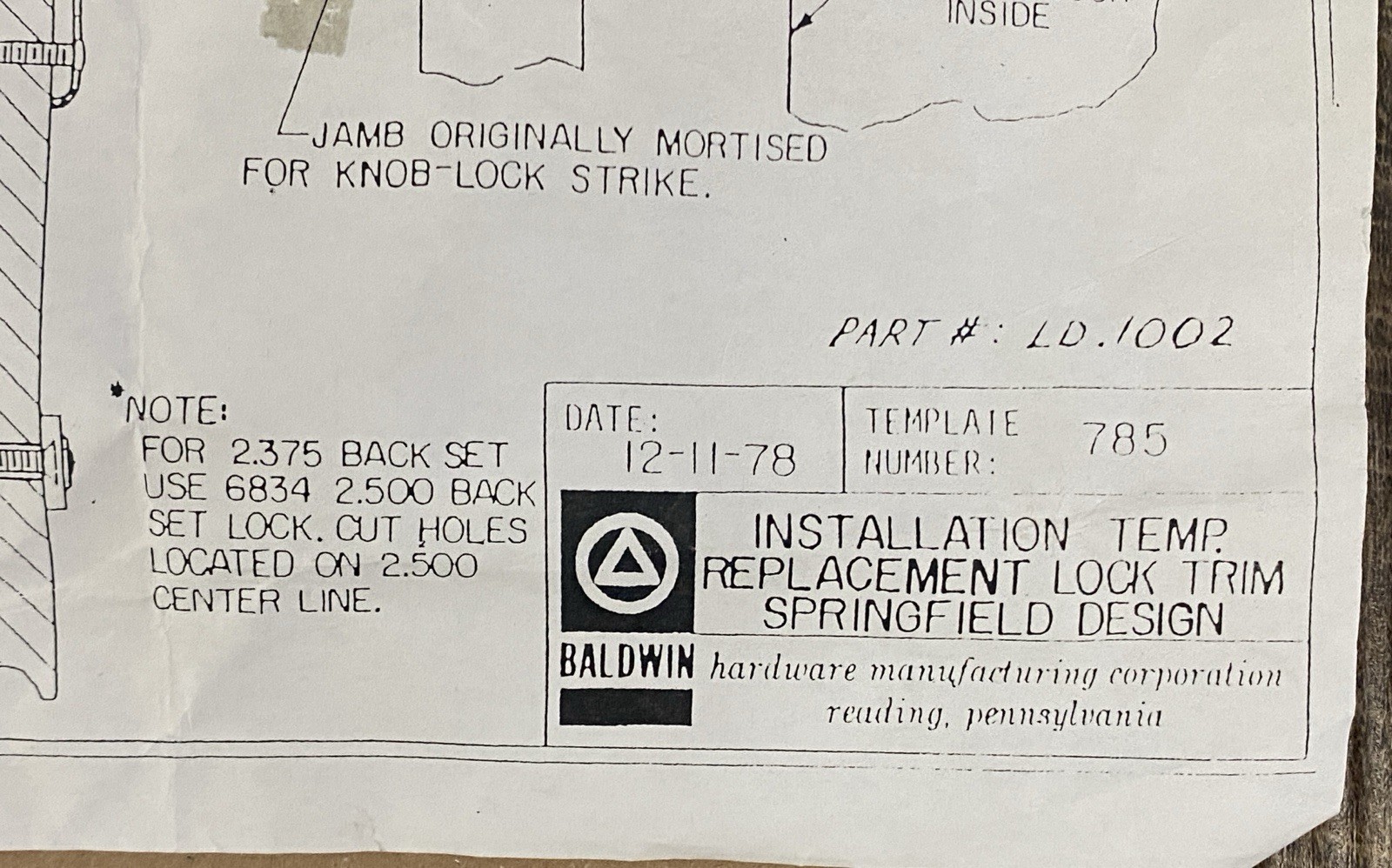 Vintage Brass Baldwin Entry Mortise Lock Set Springfield Estate Collection 1970s