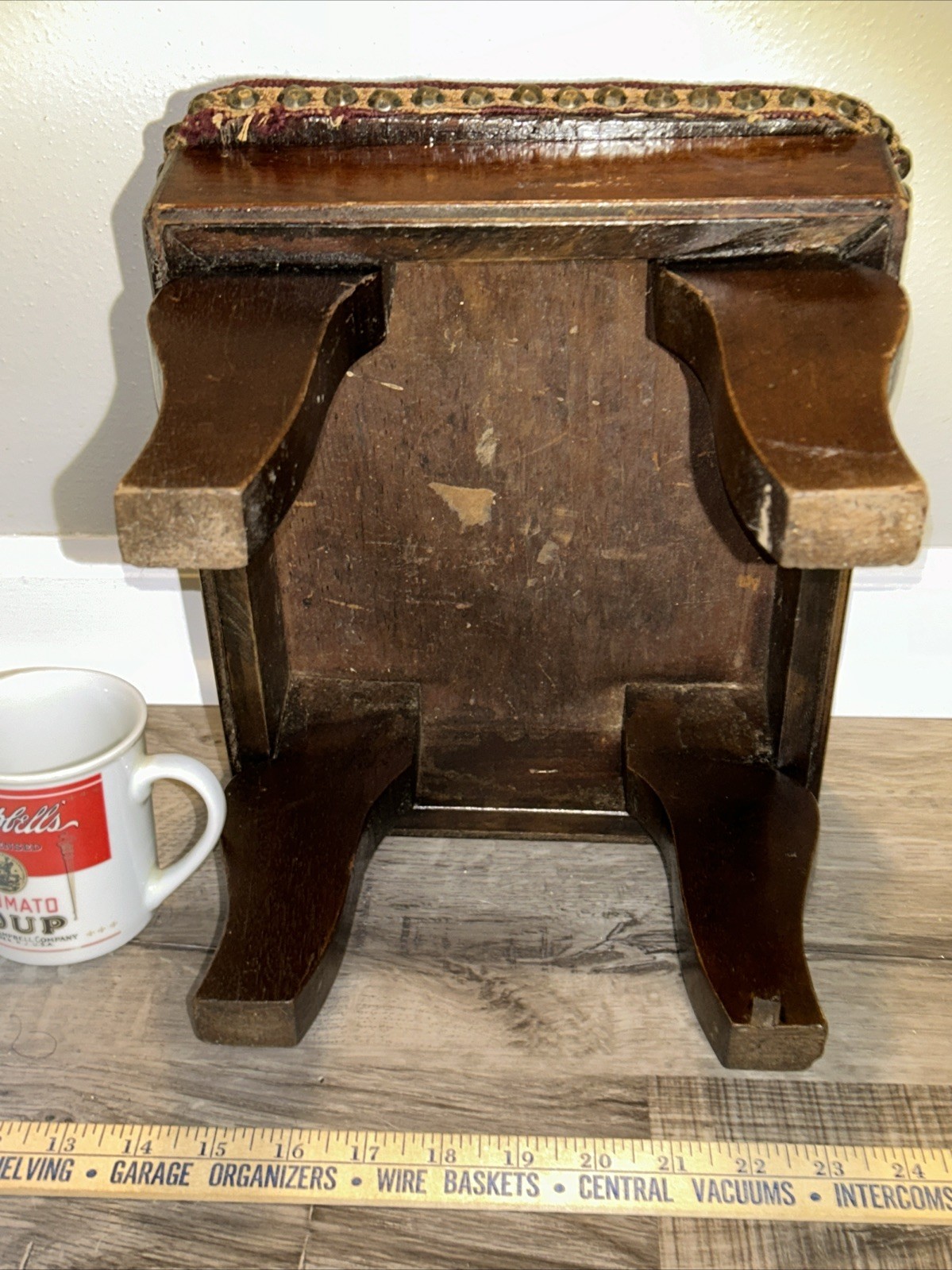 19thC Antique Victorian Stud Accents Footstool Floral Needlepoint Carved Walnut*