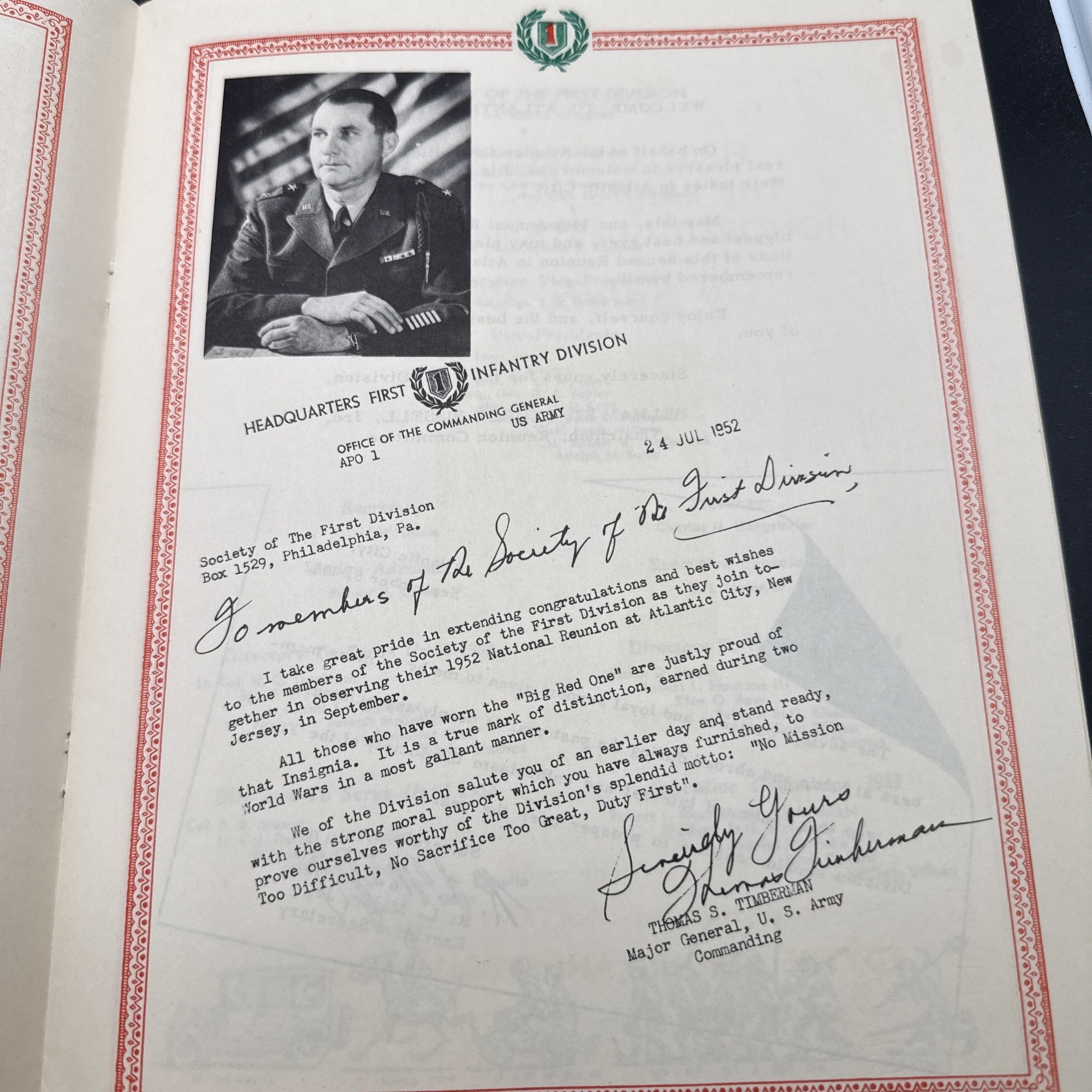 WWI 34th Annual Reunioin First 1st Infantry Division Big Red One 1952