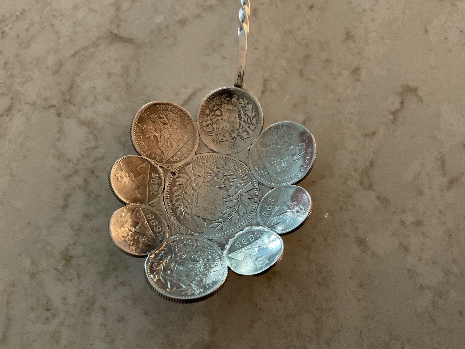 RARE ONE OF A KIND ANTIQUE GUATEMALAN SILVER COINS MADE INTO A SPOON