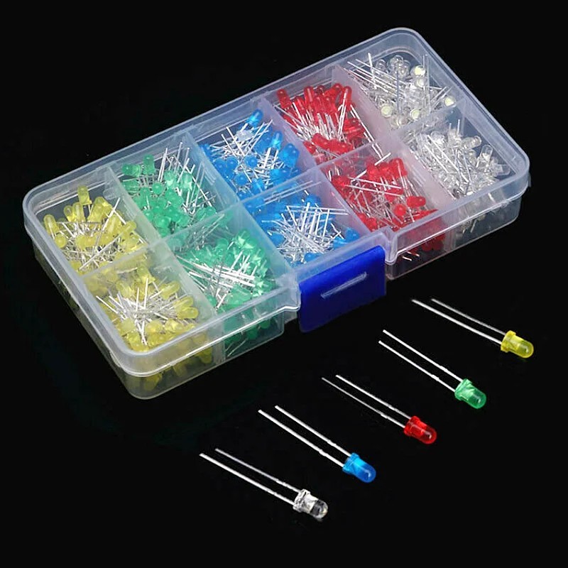 200Pcs 5mm 3mm LED Light Kit Yellow White Blue Red Green Assortment with Case