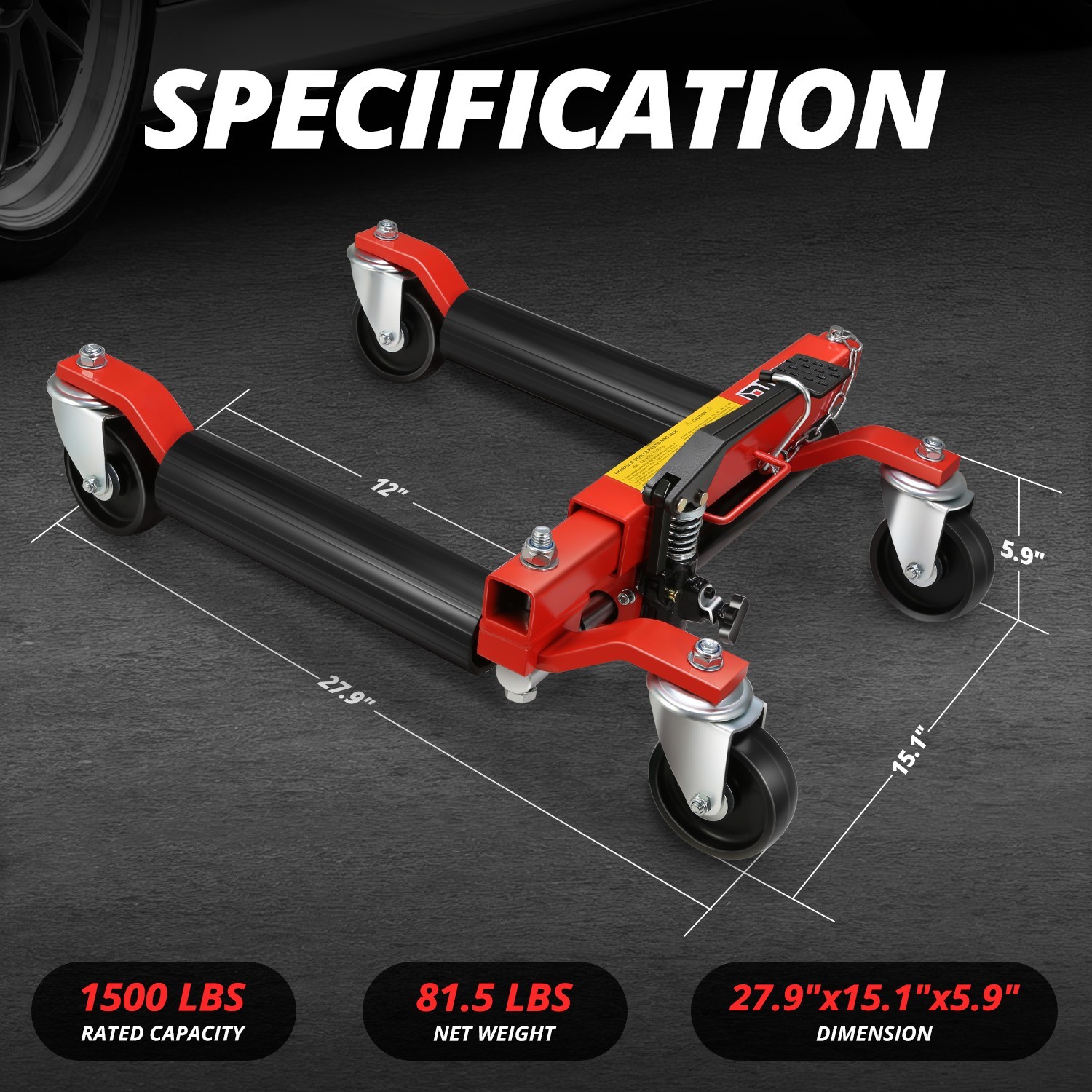 1500 lbs 12'' Car Wheel Tire Dolly Hydraulic Jack Set w/ Ratchet Foot Pedal 2Pcs
