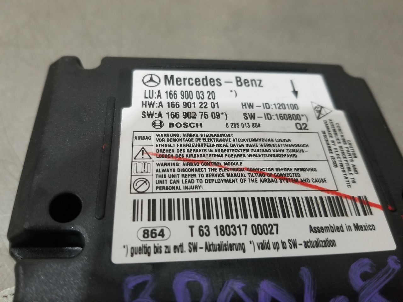 18 2018 MERCEDES GLS450 166 TYPE SRS RESTRAINT CONTROL MODULE 1669000320