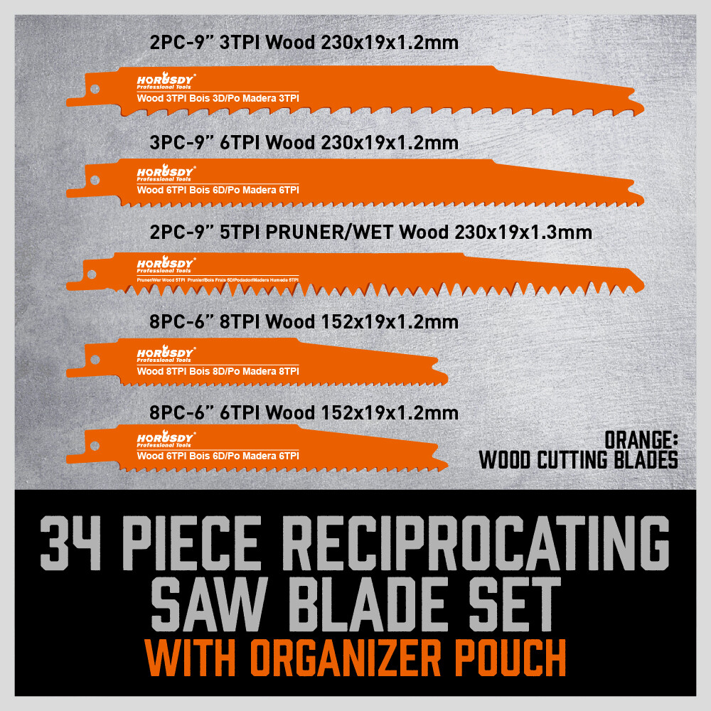 34 PC Reciprocating Saw Blade Set Metal Woodcutting Pruning With Organizer Pouch