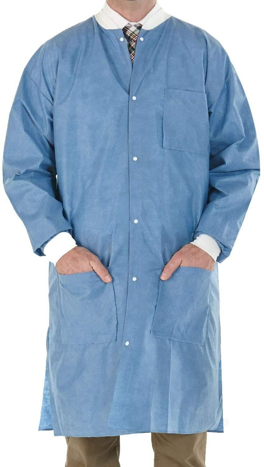 Disposable Blue Lab Coat -Knit cuff & collar with Pockets and buttons 3, 5 & 10