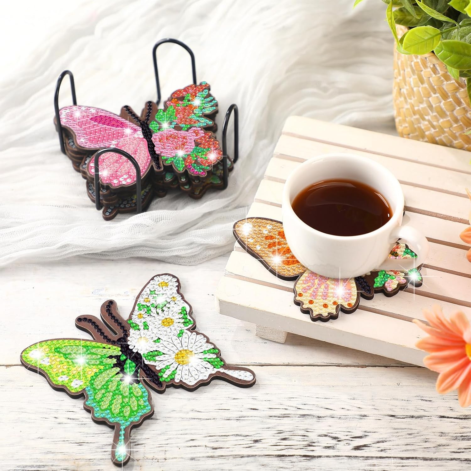 8 Pcs Butterfly Coasters Kit Christmas Diamond Art Coasters Butterfly Shape Diam