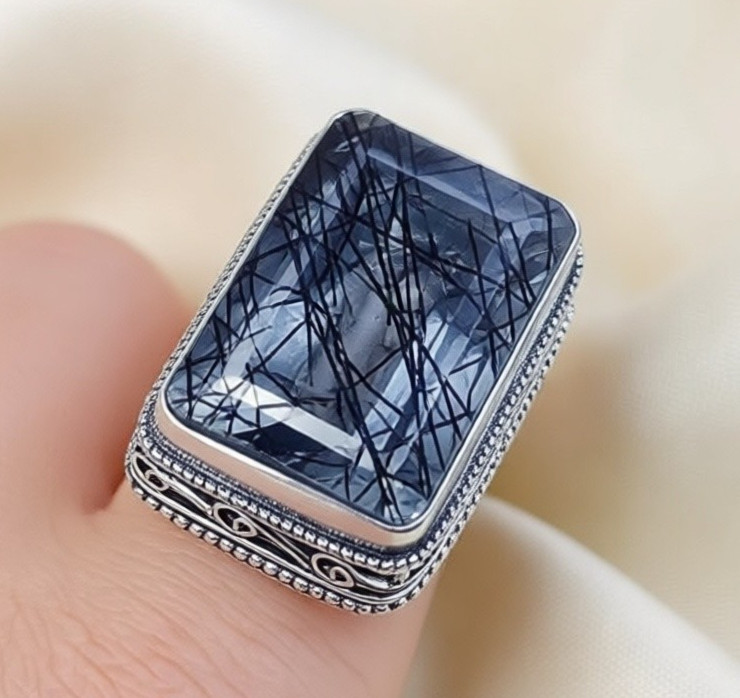 Black Rutialted Quartz Gemstone Handmade 925 Sterling Silver Jewelry Ring