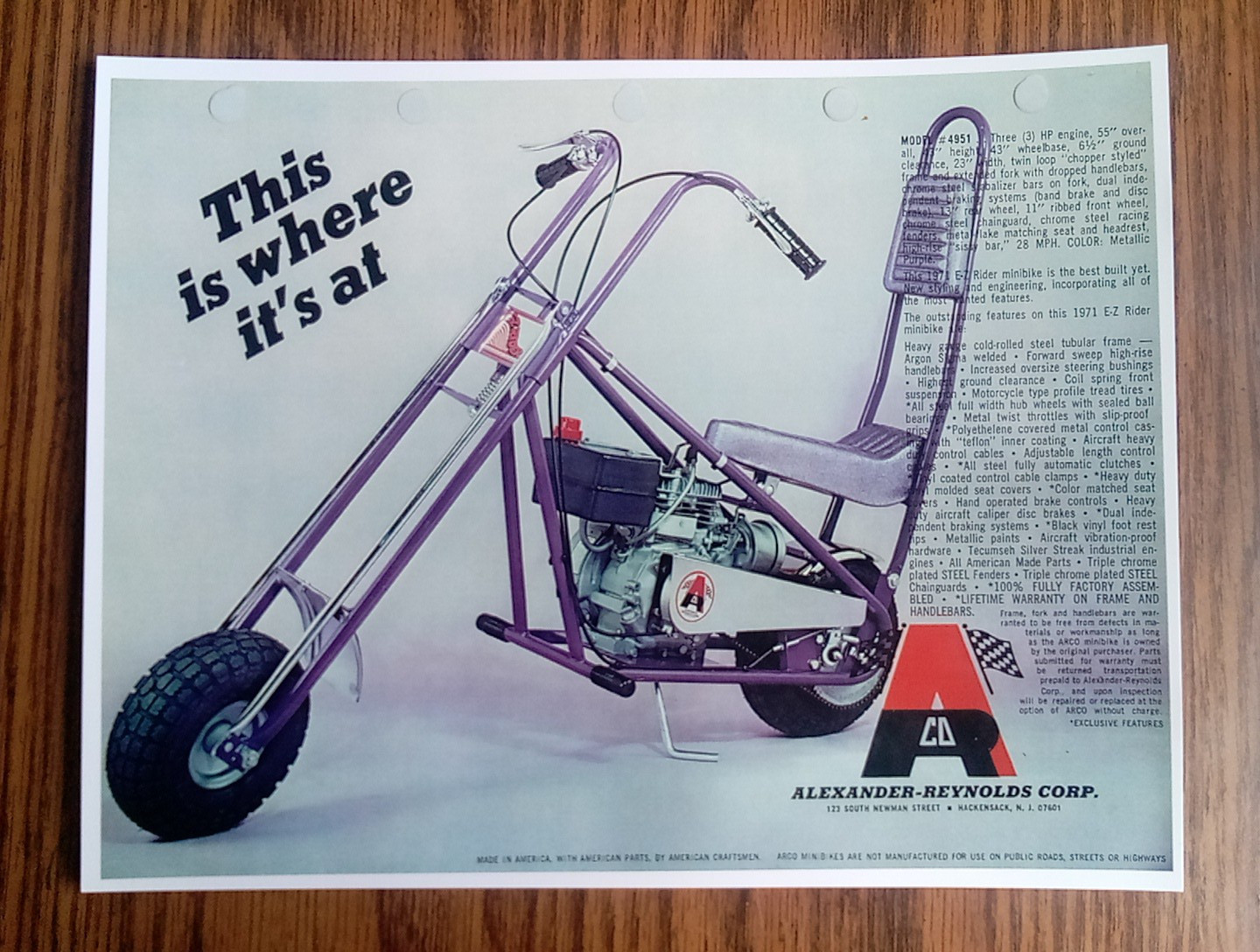 Vintage Alexander Reynolds Corp ARCO Model 4951 Mini Bike Brochure Ad Reprint