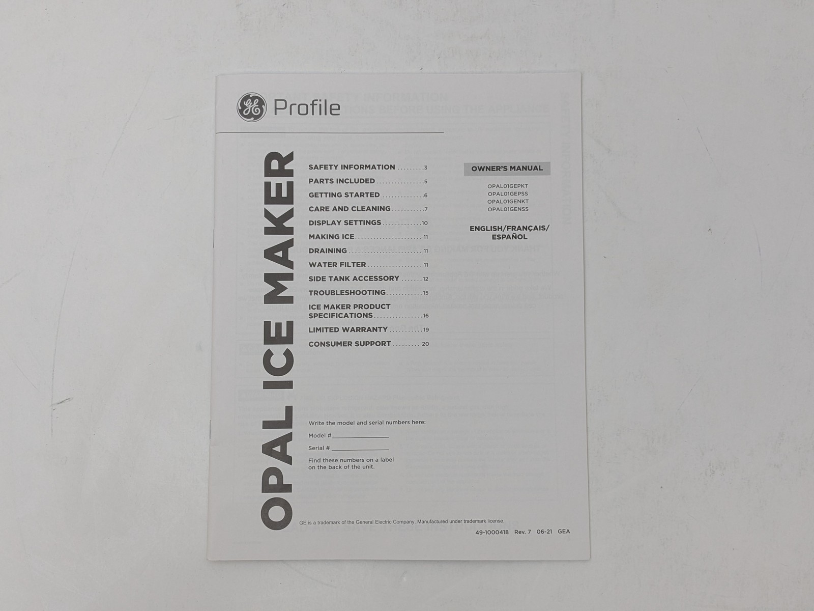 GE Profile Opal Nugget Ice Maker with side tank