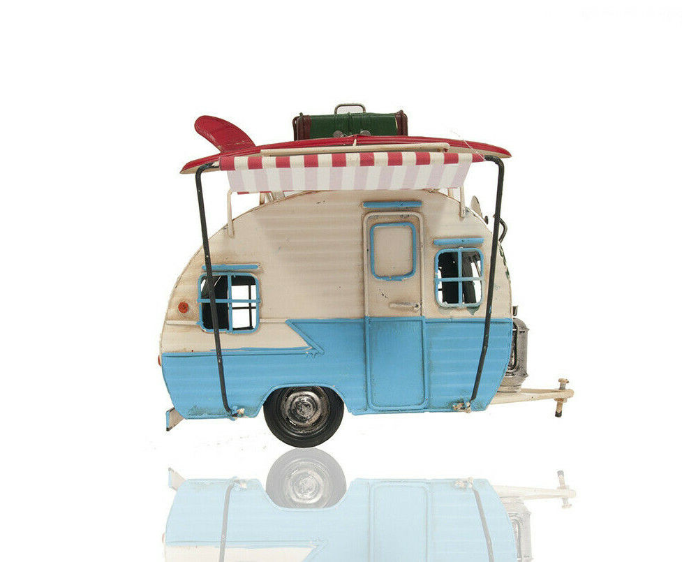 1960s Travel Camping Trailer Metal Model 9" Camper w/ Piggy Bank & Photo Frame