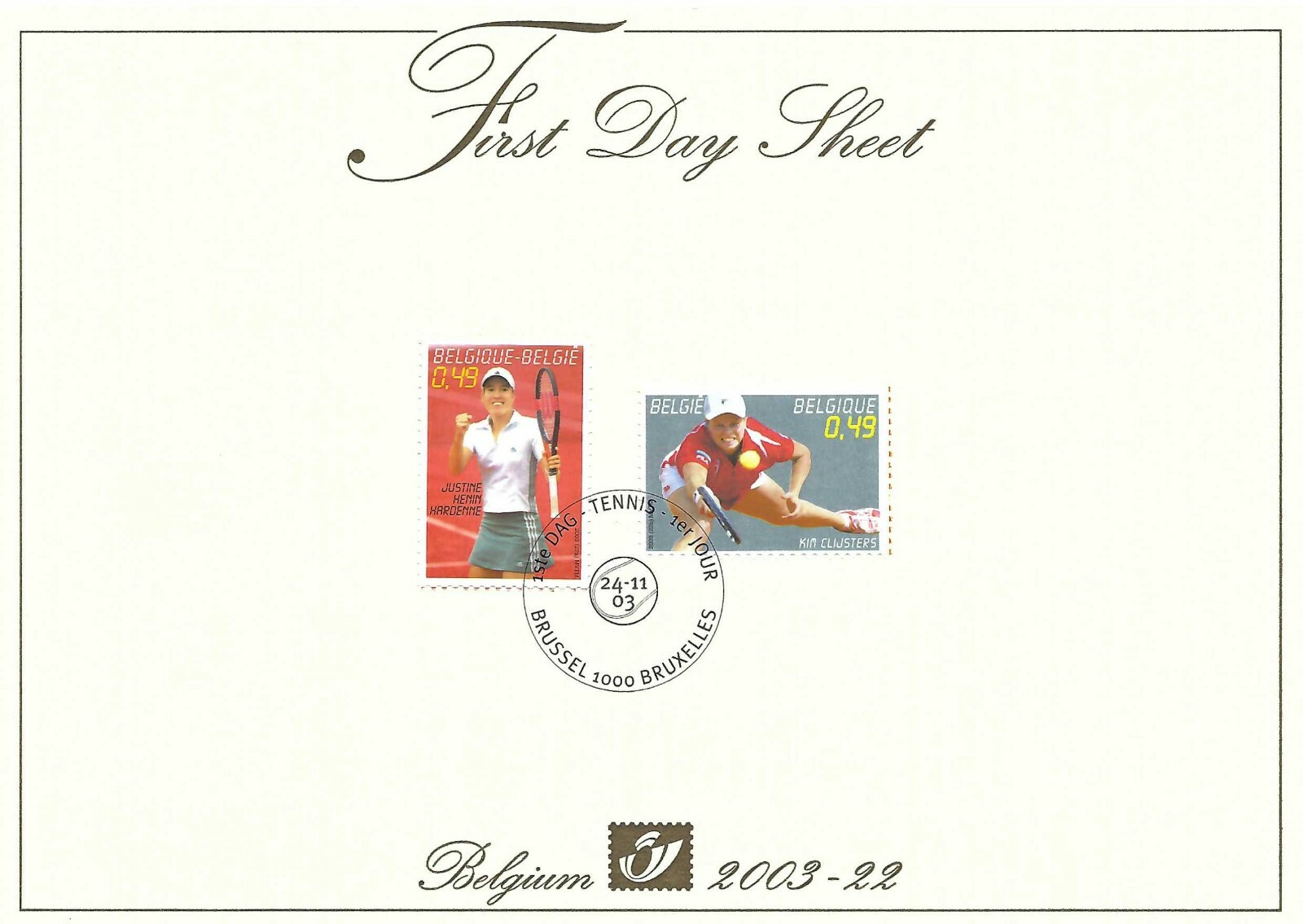 [FDS116] Belgium FDS 2003-22 Tennis First Day Sheet SUPERB