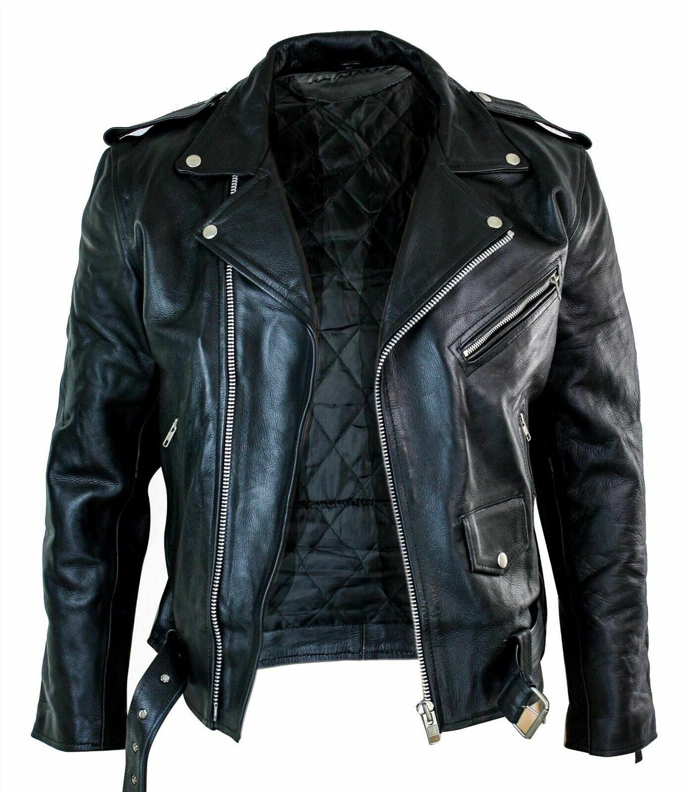 Men's Motorcycle Leather jacket Genuine Buffalo Skin Brando Style Black Biker