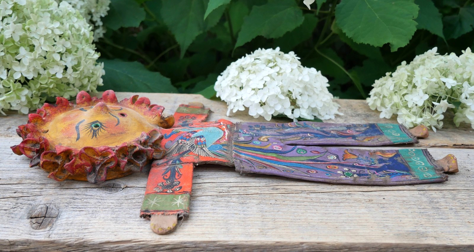 Sun Face Man Bird of Paradise Handmade Canvas & Coconut Guerrero Mexico Folk Art