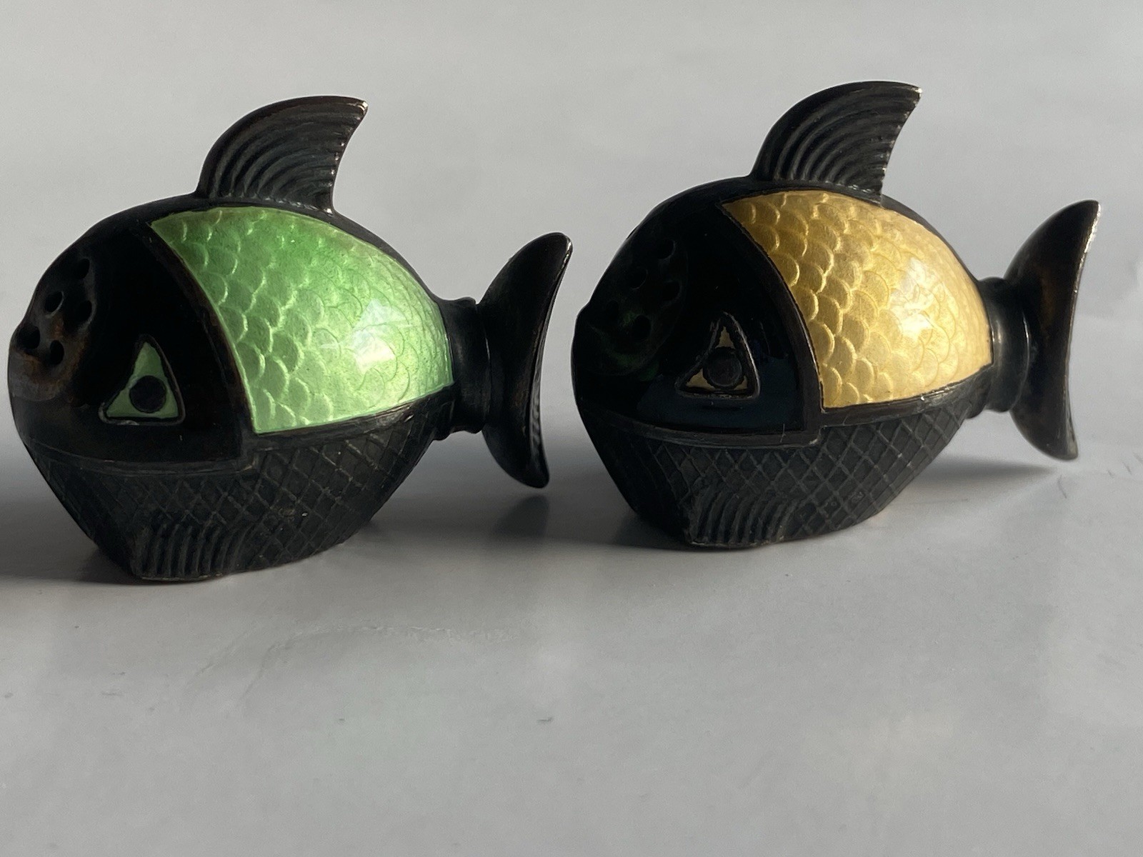 Sterling Silver Guilloche Enameled Norwegian Fish Salt And Pepper Antique 925.