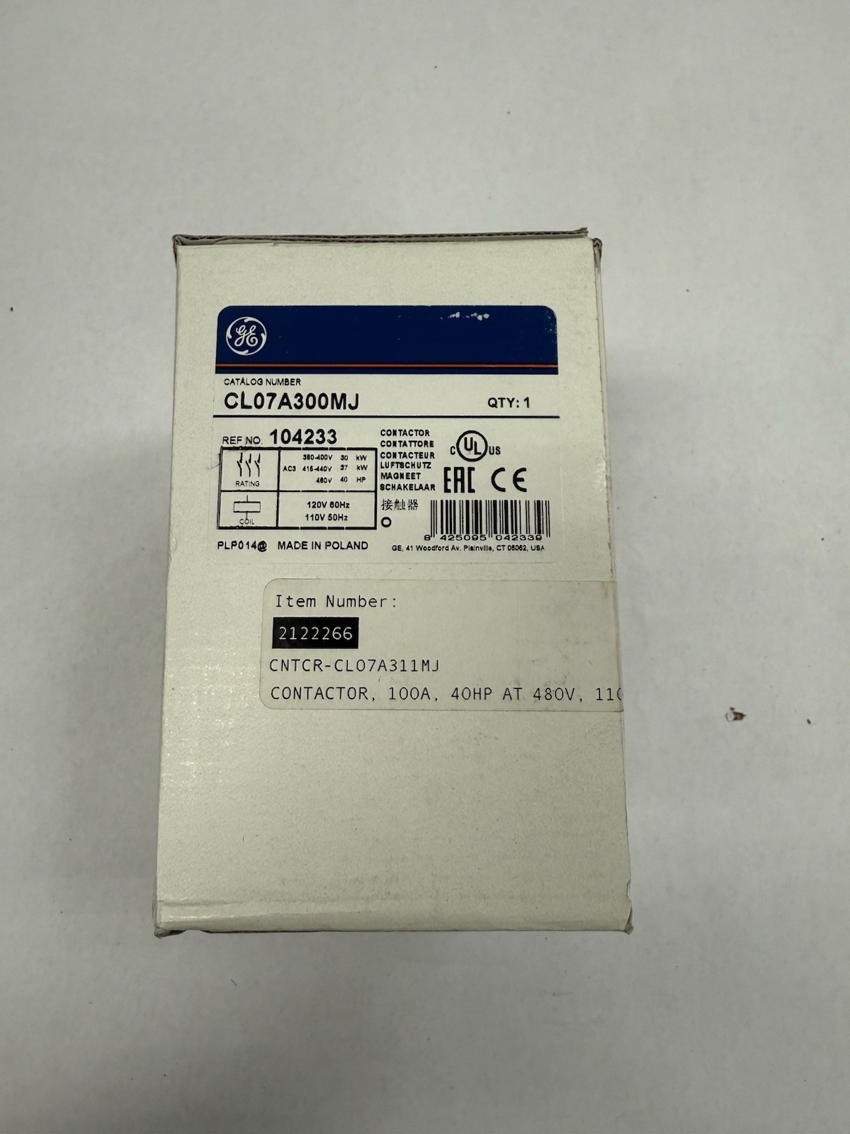 GE CONTACTOR, CL07A300MJ 100A, 40HP AT 480V, 110-120VAC COIL, 50/60HZ