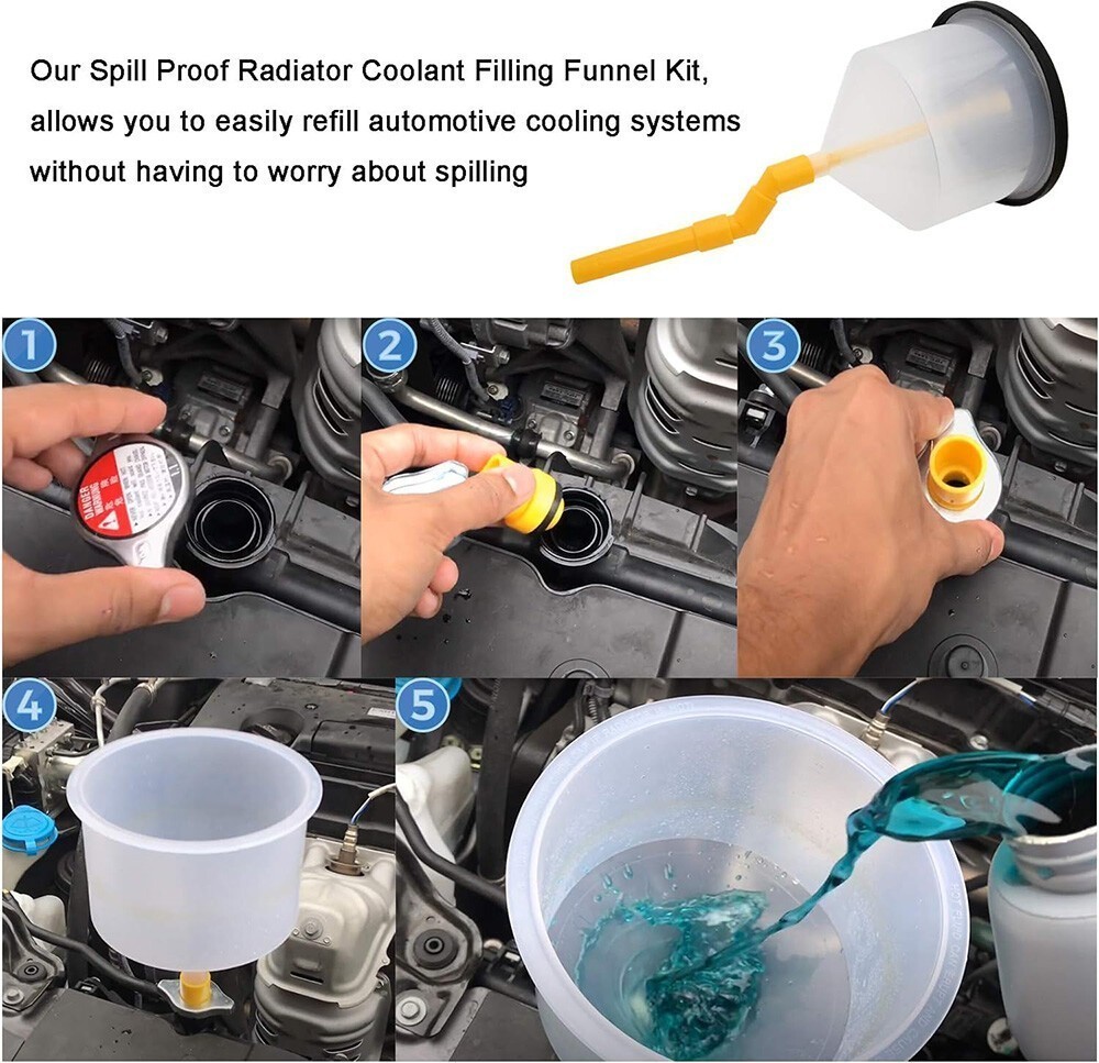Spill Proof Radiator Coolant Filling Funnel Kit 15-pcs Cooling System fill kit