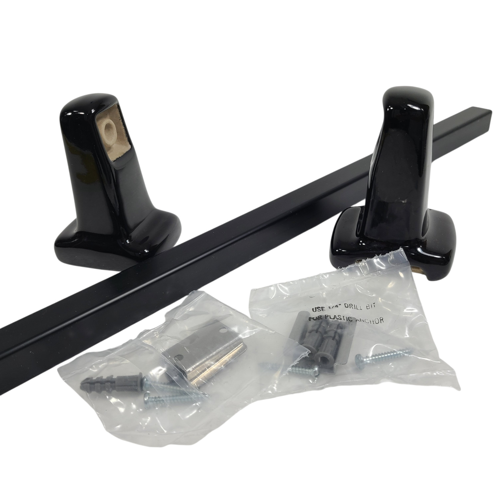 Vintage Black Ceramic Towel Bar Rod Rack Post Holders Bracket Screw in Drywall