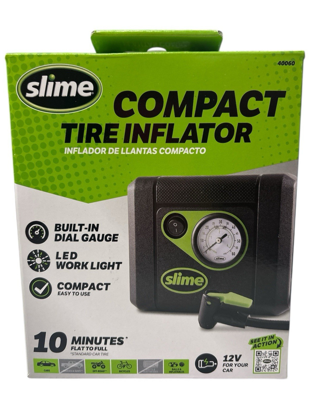 Slime 40060 Compact 12V Portable Car Air Compressor/ Tire Inflator Black