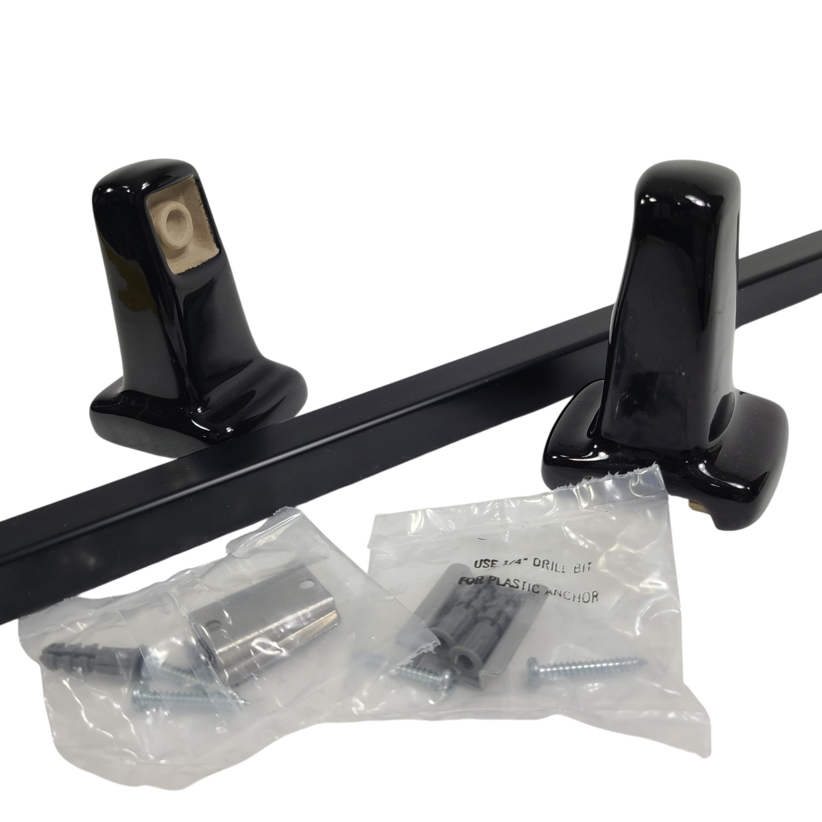 Vintage Black Ceramic Towel Bar Rod Rack Post Holders Bracket Screw in Drywall
