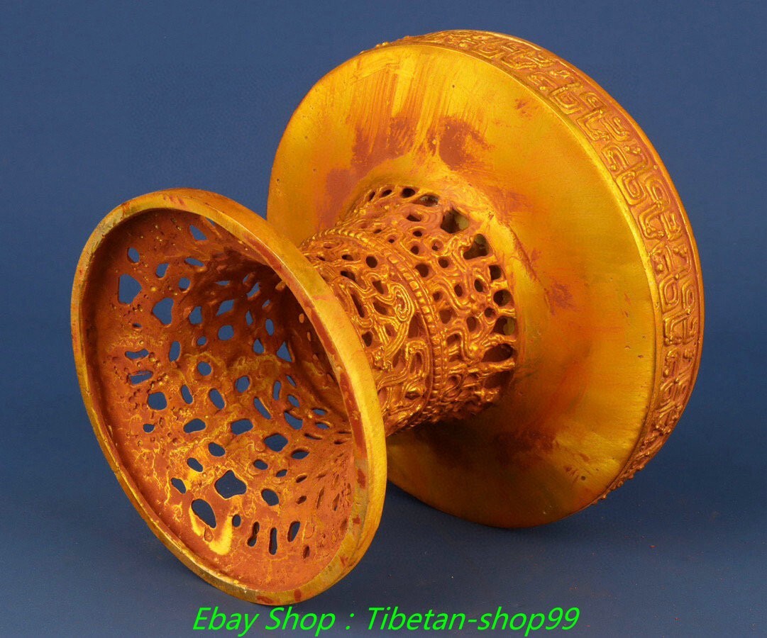 9.4''Old Dynasty Bronze Ware Gilt Inscription Hollow out Incense Burner Censer