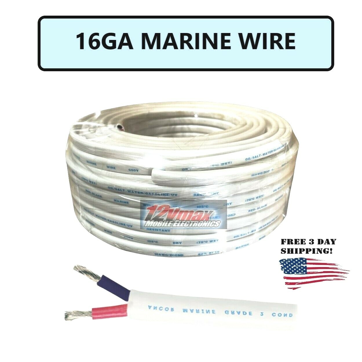 100ft 16Ga Marine Cable Grade Wire Duplex Boat 100% Copper OFC Wire 16/2 Gauge