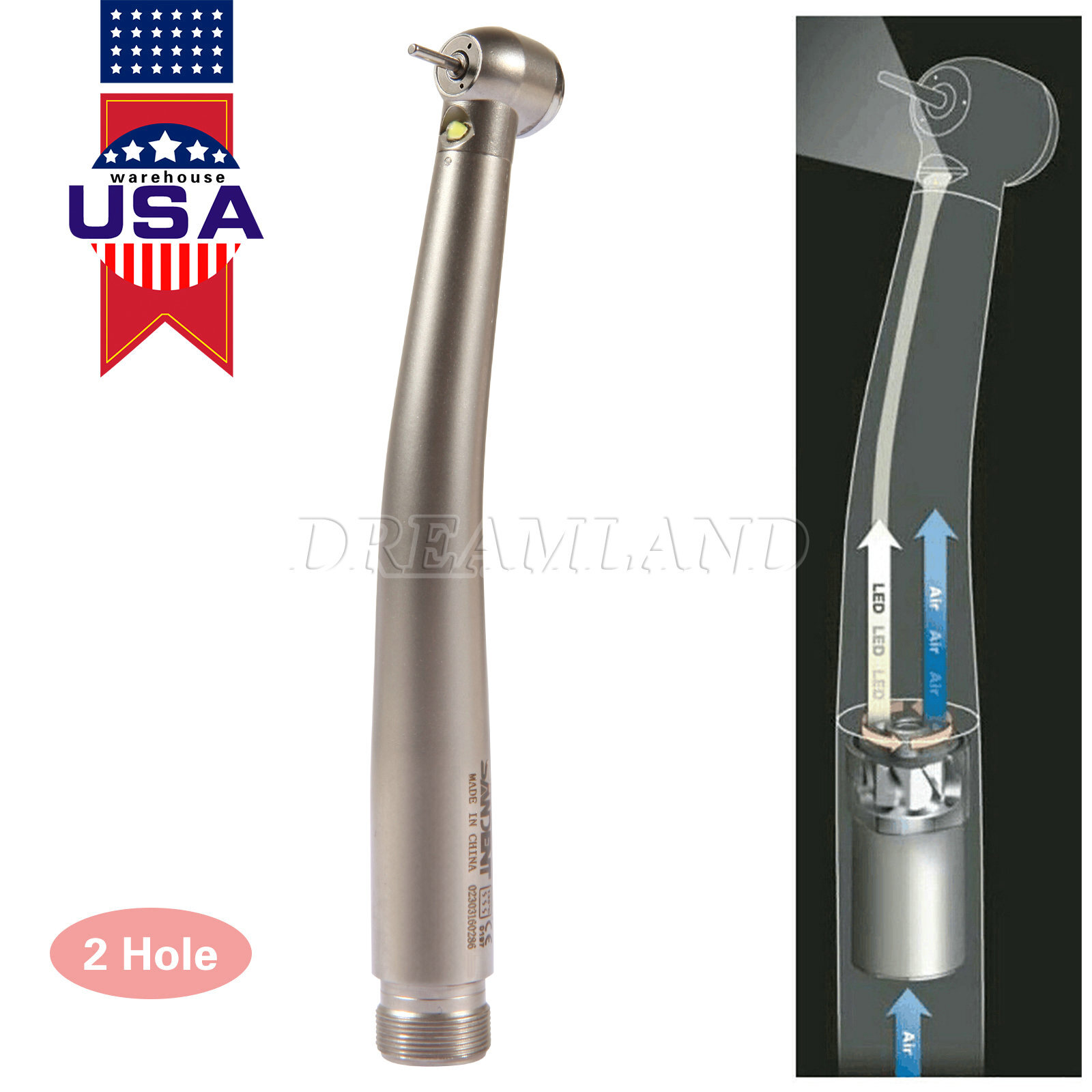 Pieza de mano LED turbina alta velocidad fibra óptica dental estilo NSK 2 Holes