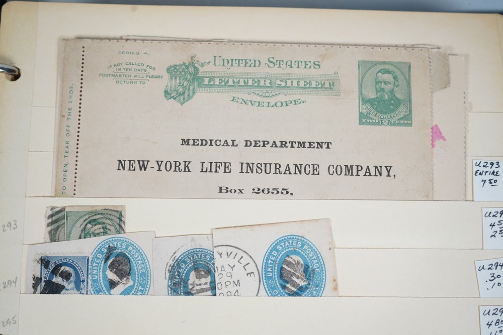 US COLLECTION OF 1,200+ STATIONERY CUT SQUARE STAMPS STORED IN STOCKBOOK